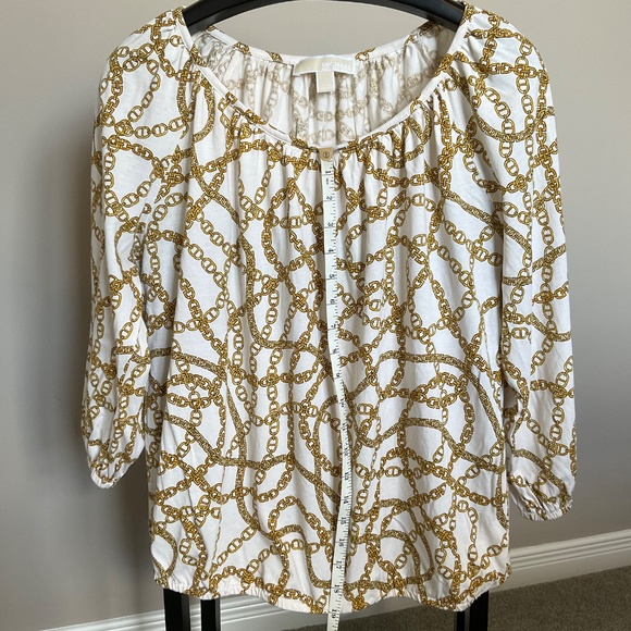 Michael Kors Cotton-Blend Golden Chain-Link Print Pleated Top 3/4 Sleeves - Picture 11 of 13